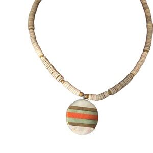 Vintage Unisex Stone Inlay Heishi Bead Necklace